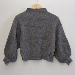 Boxy Mock Neck Balloon Sleeve Cropped Ribbed Knit Sweater